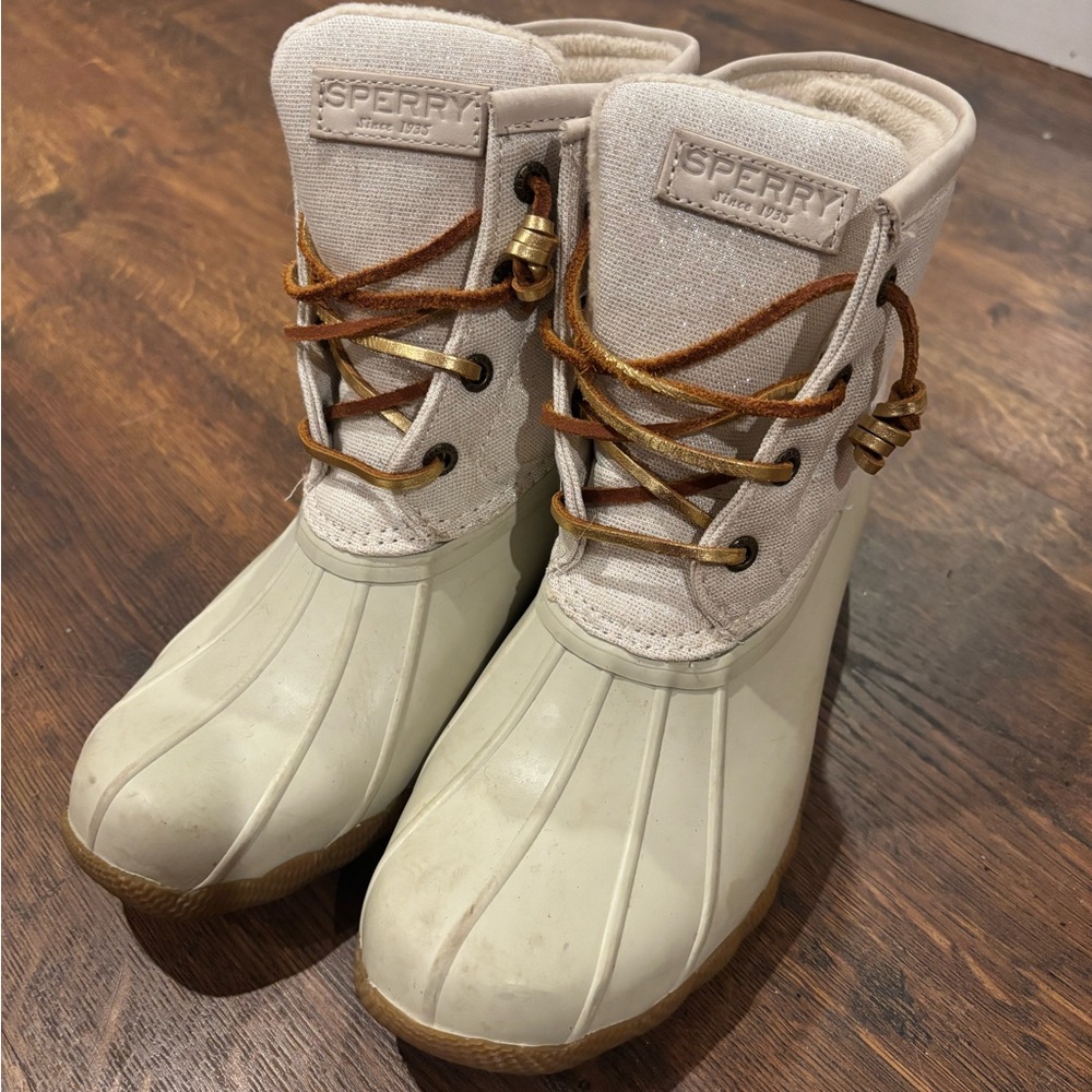 Sperry Cream Duck Boots with Tan Laces